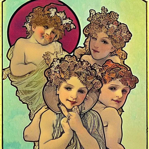 Image similar to cherub with four faces in one, byalphonse mucha