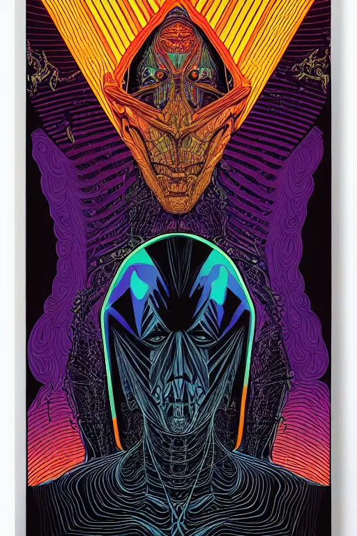 Image similar to portrait of black and psychedelic straight lines poster art by dan mumford, moebius, goblinko, richard corben, wayne barlowe, heavy metal comic cover art, psychedelic triangular skeleton, very intricate, thick outline, full body, symmetrical face, long black crown, in a shapes background, galactic dark colors