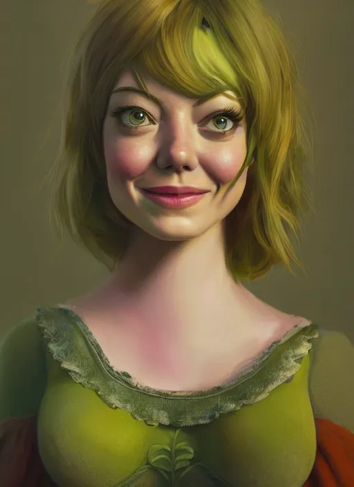 Image similar to portrait of emma stone as shrek, disney style, naturel, hyper detailed, digital art, trending in artstation, cinematic lighting, studio quality, smooth render, unreal engine 5 rendered, octane rendered, art style by klimt and nixeu and ian sprigger and wlop and krenz cushart.