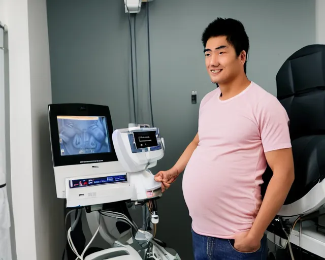 Prompt: Photograph of a heavily pregnant handsome!!! young Asian man in his 20s getting an ultrasound at the hospital, high quality image