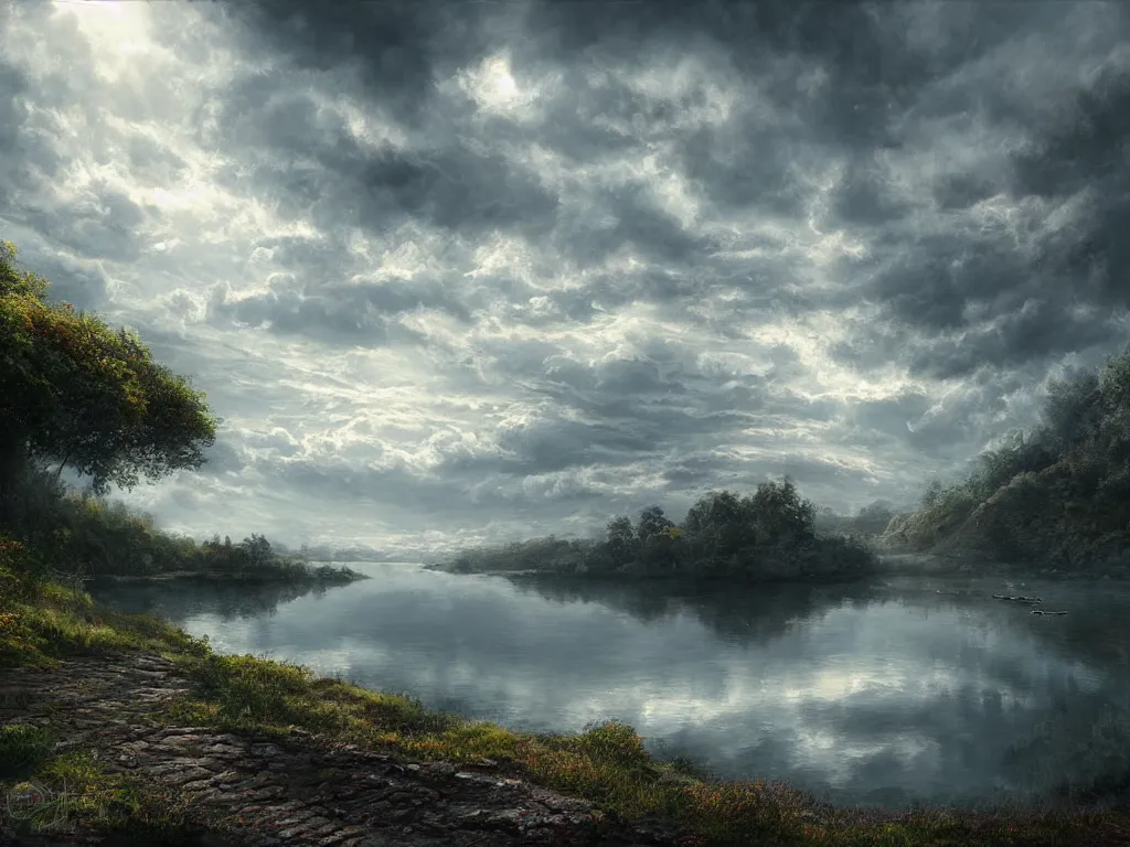 Image similar to a cinematic landscape view over a lakeside, the sun shines through the parted clouds, digital painting, fantasy, art by alexandre mahboubi and christophe oliver