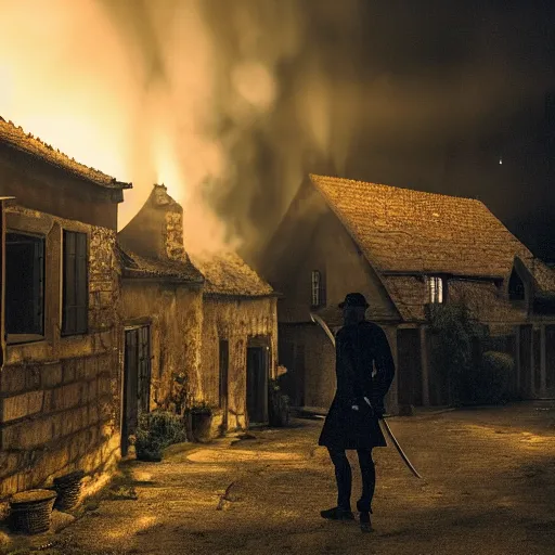 Image similar to a small medieval village at night time, orange glowing light filters out through the windows of the houses and a thin mist has settled around them, a lone guard stands watch armed with a spear and a flaming torch, dramatic, dark moody lighting, high quality