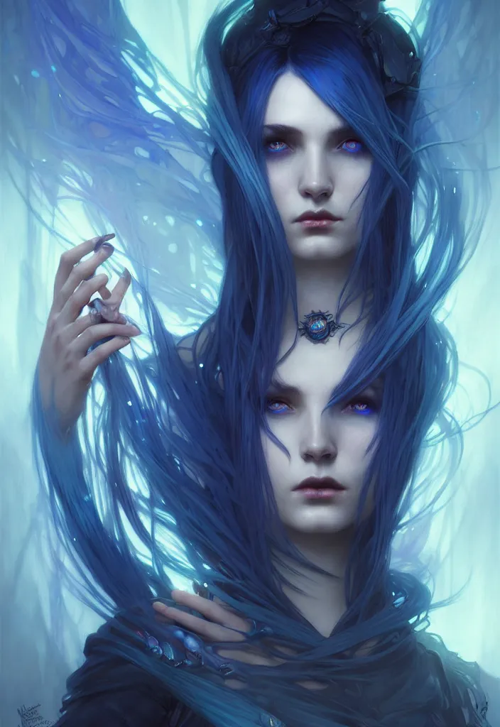 Image similar to Necromancer Sorceress, fantasy magic, undercut blue hairstyle, dark light night, intricate, elegant, sharp focus, illustration, highly detailed, digital painting, concept art, matte, art by WLOP and Artgerm and Greg Rutkowski and Alphonse Mucha, masterpiece