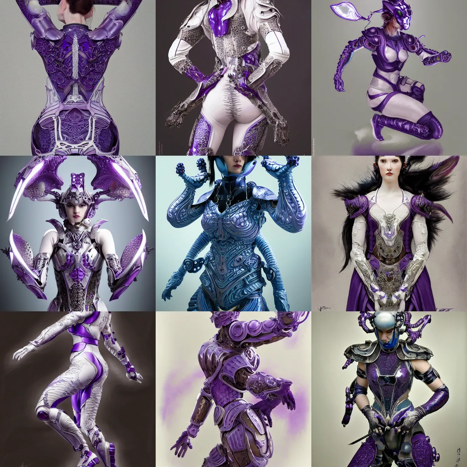 Prompt: porcelain cyborg armor, Chinese Kangxi purple and white fox pattern porcelain, diffuse lighting, fantasy, intricate, elegant, highly detailed, lifelike, photorealistic, digital painting, artstation, illustration, concept art, smooth, sharp focus, art by John Collier and Albert Aublet and Krenz Cushart and Artem Demura and Alphonse Mucha