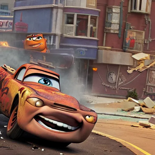 Prompt: mater from cars crashing into a building, rubble, disney pixars cars, mater, mater