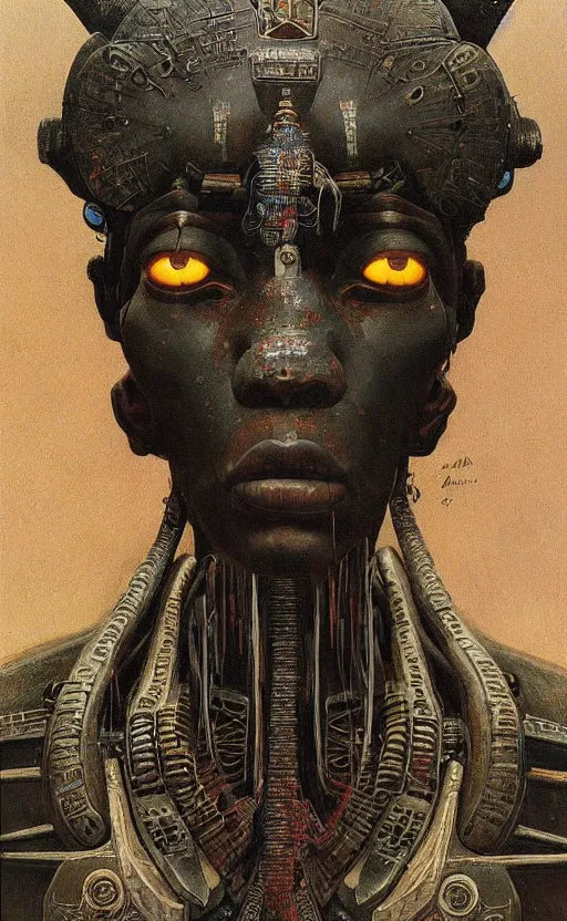 Image similar to portrait of mecha african tribal chief, insibidi symbols, symmetrical, dramatic lighting, art by zdzislaw beksinski,