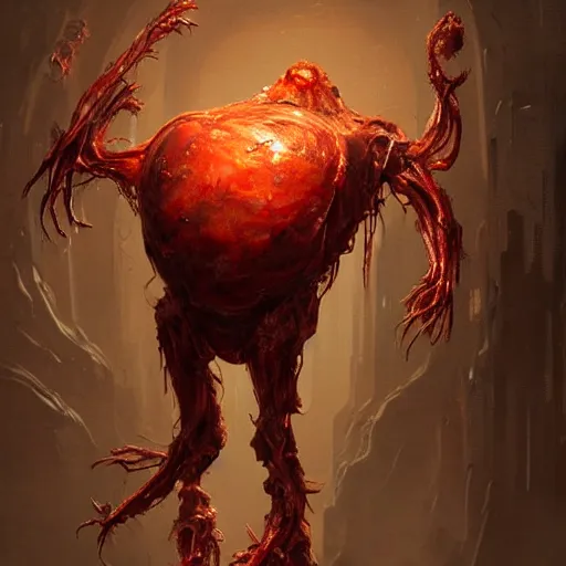 Image similar to scifi art by Greg Rutkowski, hideous monster made of twisted human flesh and reddish ooze, lumpy bloated upper body with elongated and sharp limbs, small head like a ball with two empty holes for eyes, only human beings are its legs, vicious appearance, scifi, space horror, digital painting, artstation, concept art, smooth, sharp foccus ilustration, Artstation HQ.