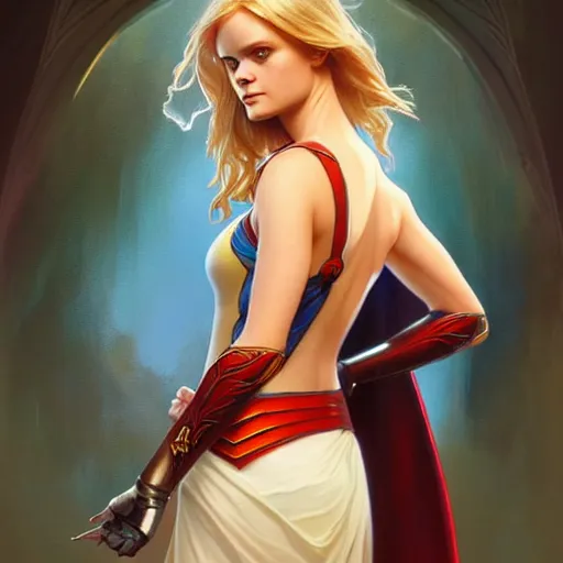 Image similar to Sara Paxton as Super Girl, western, D&D, fantasy, intricate, elegant, highly detailed, digital painting, artstation, concept art, matte, sharp focus, illustration, art by Artgerm and Greg Rutkowski and Alphonse Mucha