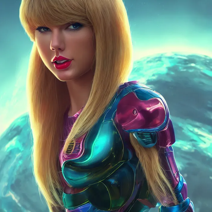 Image similar to portrait of Taylor Swift as SAMUS ARAN. HD, 4K. intricate abstract. intricate artwork. by Tooth Wu, wlop, beeple, dan mumford. octane render, trending on artstation, greg rutkowski very coherent symmetrical artwork. cinematic, hyper realism, high detail, octane render, 8k, iridescent accents