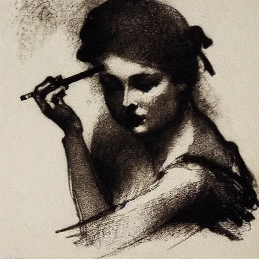 Prompt: anders zorn etching. damsel smoking a long cigarette. ink