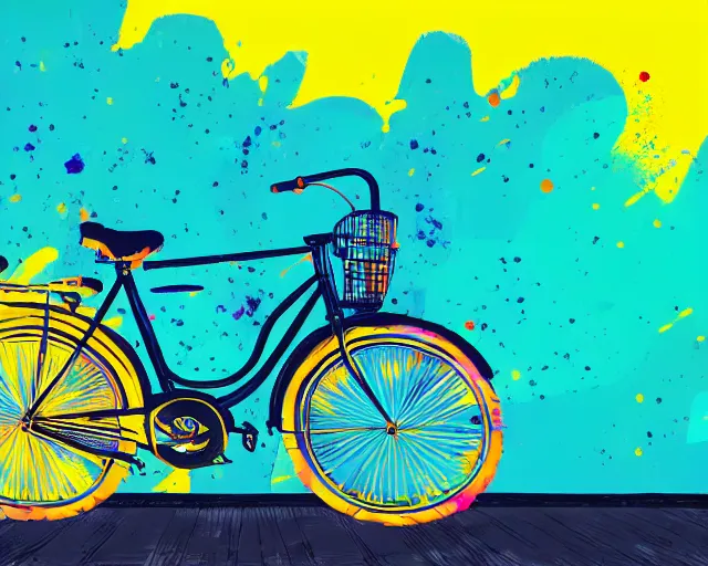 Prompt: a bicycle in front of a yellow background. paint splashes, outrun, vaporware, shaded flat illustration, digital art, trending on artstation, highly detailed, fine detail, intricate