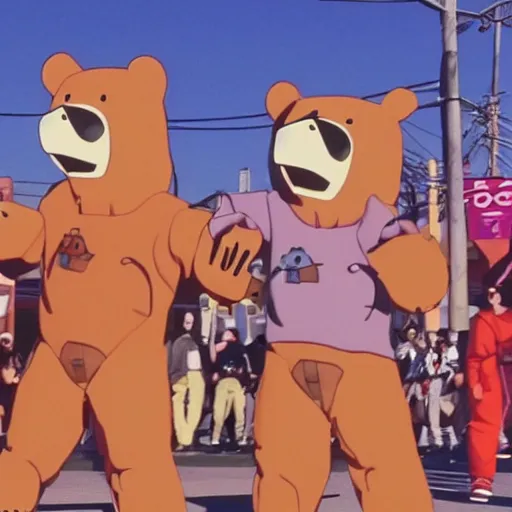 Image similar to happybears!, happy bears! kill union, humanoid bears, bear costumes, happy faces, evil happy faces, rollerblading, rollerskates, four humanoid bears, 2 0 0 1 anime, flcl, golden hour, japanese town, cel - shaded, strong shadows, vivid hues, y 2 k aesthetic