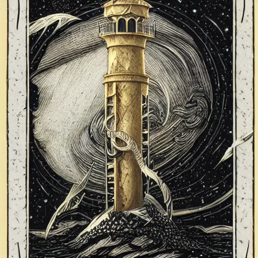 Image similar to bleak lighthouse, black paper, white ink, I, Renaissance style golden border, As above so below, tarot card, intricate design, 3d relief, insanely detailed, illustrated by Charlie Bowater and Donato Giancola, Major arcana