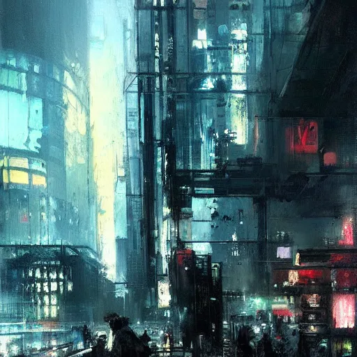 Image similar to cyberpunk cityscape, downtown scene, beautiful details, painting by jeremy mann