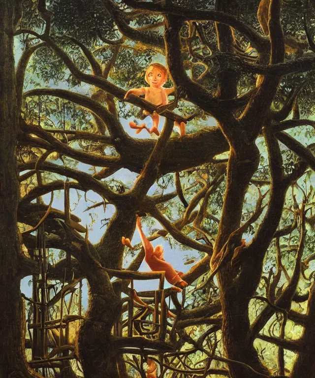 Image similar to masterful oil on canvas painting, eye - level view, shot from 5 0 feet distance, of a kid playing in a treehouse. in the background is a whimsical sparse forest. golden hour, detailed, depth, volume, chiaroscuro, quiet intensity, vivid color palette. by tex avery and gerald brom