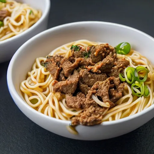 Image similar to a bowl of noodles with mixed beef sauce