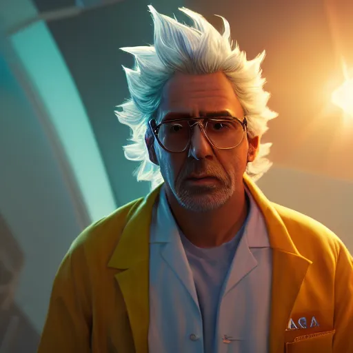 Image similar to portrait of rick sanchez, lab coat, lens flare, atmosphere, glow, detailed, intricate, full of colour, cinematic lighting, trending on artstation, 4 k, hyperrealistic, focused, extreme details, unreal engine 5, cinematic, masterpiece