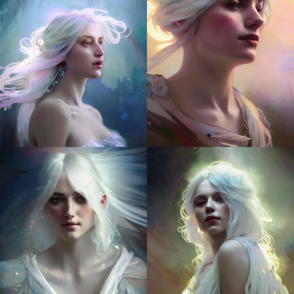 Prompt: a beautiful white haired young woman, adorned with precious stones by jeremy mann and alphonse mucha, photo realistic, dynamic lighting, windy, artstation, poster, dreamy, volumetric lighting, ethereal, 4 k, high detail