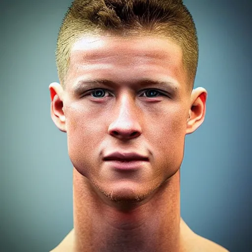 Image similar to “ a realistic detailed photo of a guy who is an attractive humanoid who is half robot and half humanoid, who is a male android, football player christian mccaffrey, shiny skin, posing like a statue, blank stare, on the bed, on display ”