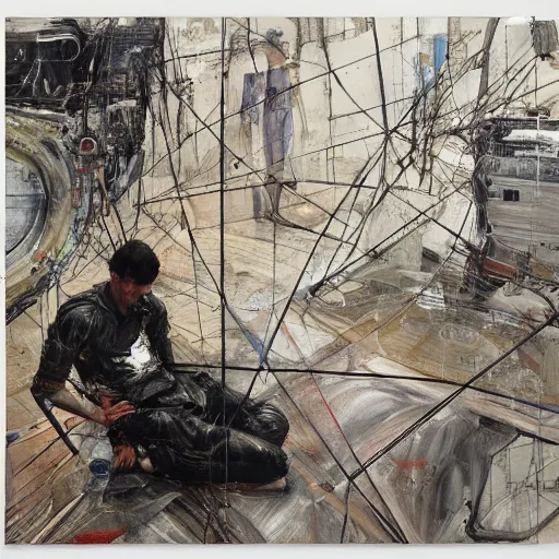 Image similar to a lone lost man in a dark cyberpunk future, by kent williams, lucian freud and jenny saville, wires machines, city