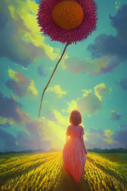 Image similar to giant corn flower head, girl walking in a flower field, surreal photography, sunrise, dramatic light, impressionist painting, colorful clouds, digital painting, artstation, simon stalenhag