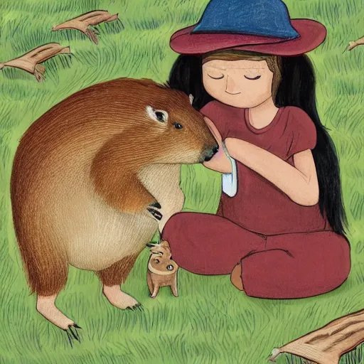 Image similar to badger lovingly hugging a capybara, children's book illustration