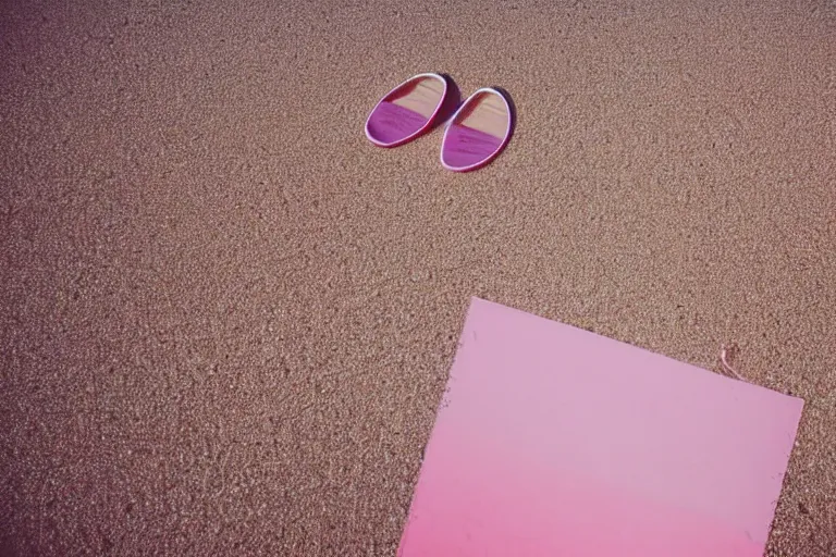 Image similar to a vintage family holiday photo fuji kodak of an empty beach shore with pastel pink sand reflective metallic water and sunbathing equipment at dusk.