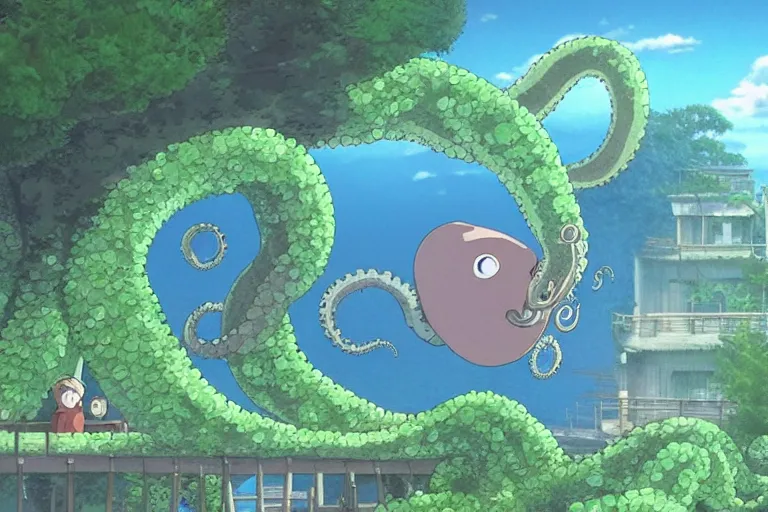 Prompt: screenshot from the studio ghibli film, my neighbor octopus, miyazaki movie, hi res 4 k animation