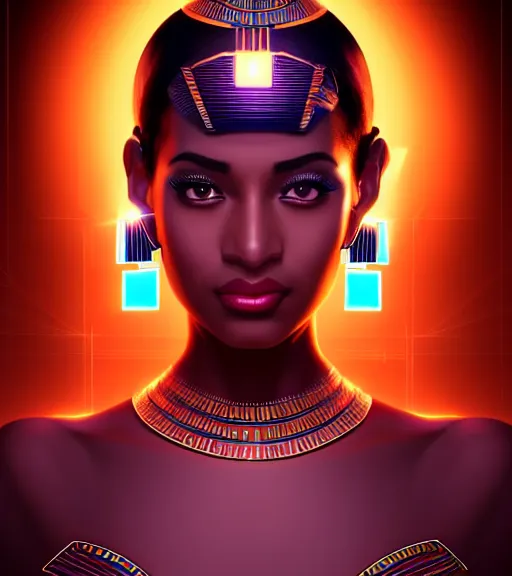 Image similar to symmetry!! egyptian princess of technology, solid cube of light, hard edges, product render retro - futuristic poster scifi, lasers and neon circuits, brown skin gorgeous egyptian princess, intricate, elegant, highly detailed, digital painting, artstation, concept art, smooth, sharp focus, illustration, dreamlike, art by artgerm