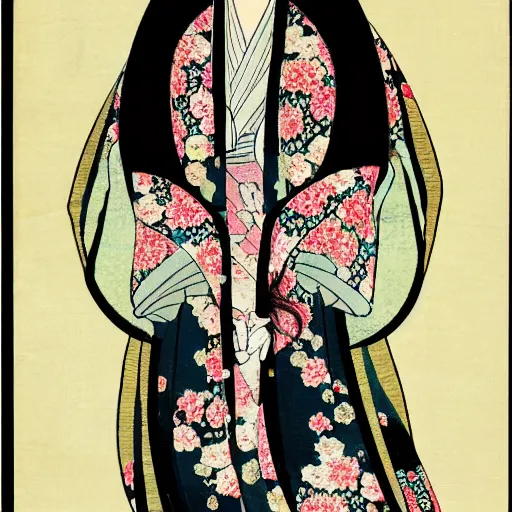 Prompt: Portrait of the Japanese moon princess Kaguya Hime with long flowing black hair wearing an ornate kimono with intricate floral patterns.
