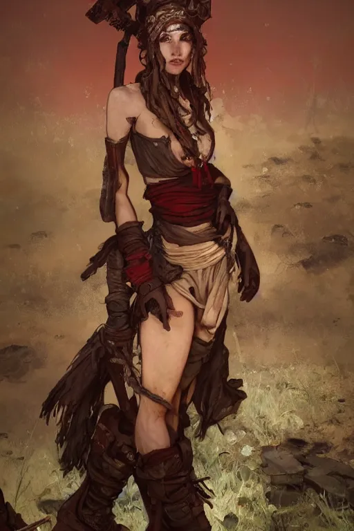 Image similar to a full body portrait of a beautiful post apocalyptic offworld tieflings quarter bedouin blind pulp fiction scarlet wild rogue barbarian leper begging by the roadside, intricate, elegant, highly detailed, digital painting, artstation, concept art, smooth, sharp focus, illustration, art by krenz cushart and artem demura and alphonse mucha