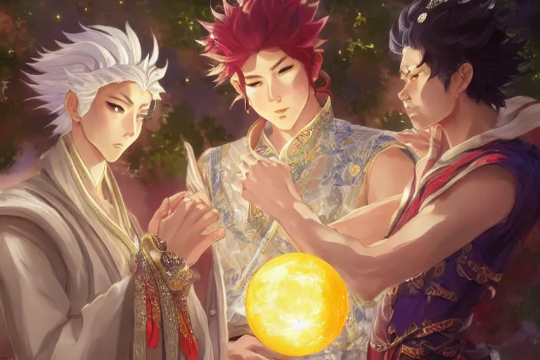 Prompt: close up moment of a divine a japan sun god and a moon goddess lovers magician at a wedding banquet, highly detailed, d & d, fantasy, 4 k realistic, digital painting, trending on artstation, concept art, sharp focus, illustration, art by makoto shinkai and akihiko yoshida and daniel gerhartz