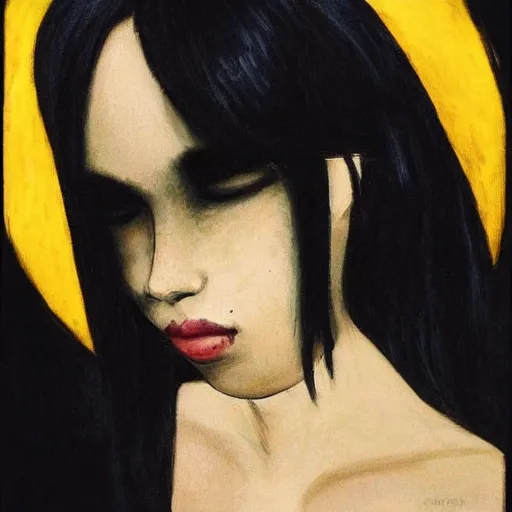 Image similar to portrait of beautiful black haired female angel, shameful, sad, dark