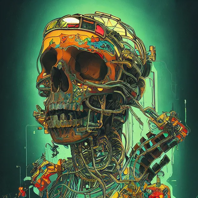 Image similar to a beautiful painting of a ( ( cyberpunk ) ) skull by simon stalenhag and pascal blanche and alphonse mucha! and nekro!. in style of digital art. colorful comic, film noirs!, symmetry, hyper detailed. octane render. trending on artstation