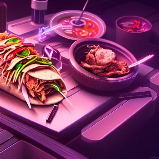 Image similar to ultradetailed still - life shawarma insanely detailed, octane render, cgsociety cyberpunk, neon, vaporwave sci - fi, futuristic, amazing space creature 4 k, 8 k, hyper realism scary, alluring, coveted alive