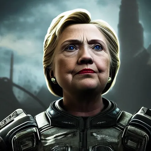 Image similar to hillary clinton in gears of war, splash art, movie still, detailed face, photorealistic facial features, cinematic lighting, dramatic, octane render, long lens, shallow depth of field, bokeh, anamorphic lens flare, 8 k, hyper detailed, 3 5 mm film grain