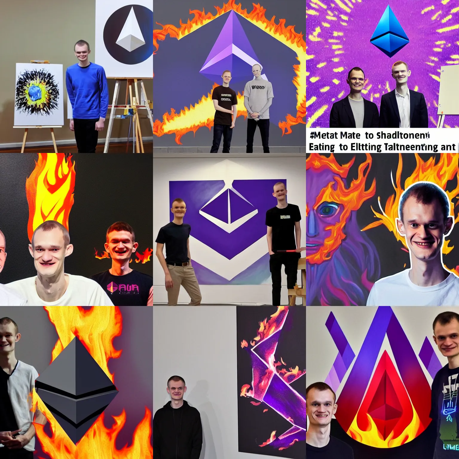 Prompt: < painting mode ='attention grabbing'> ethereum logo in flames with vitalik buterin standing beside next to it grinning knowingly < / painting >