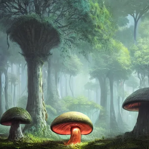 Image similar to a painting of a mushroom like structure in the middle of a forest, concept art by stephan martiniere, trending on artstation, fantasy art, concept art, 2 d game art, matte painting