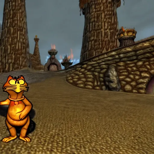 Prompt: garfield in morrowind, retro 3 d graphics, video game screenshot, pc game, elder scrolls