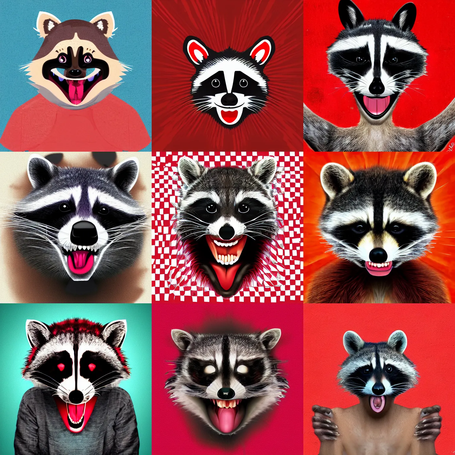 Prompt: A raccoon head person with their tongue out, digital art, funny, red background