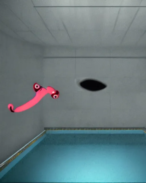 Image similar to a cursed image of clippy from ms office in a dark, closed swimming pool, really scary, looking this way.