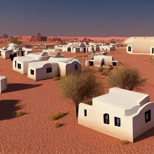 Prompt: a village in the desert, white houses, two suns, star wars style