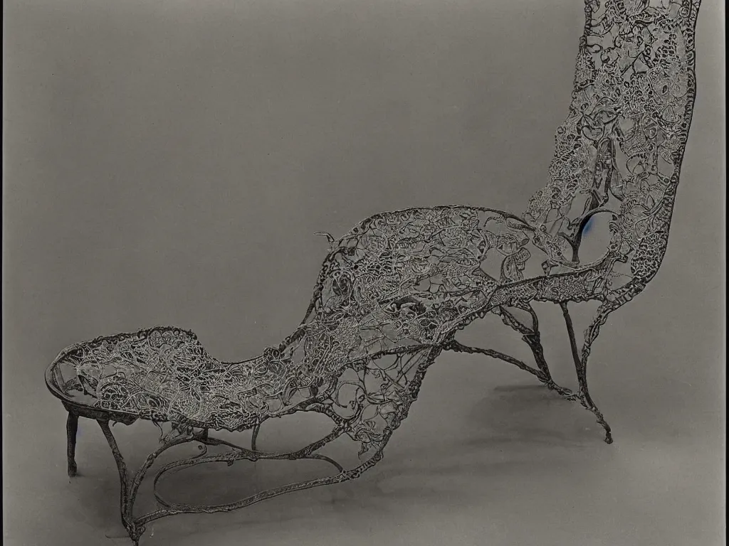 Prompt: lace chair with human feet. karl blossfeldt, salvador dali