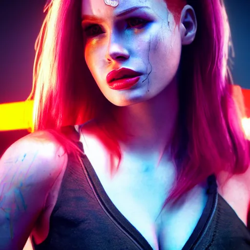 Image similar to madelaine petsch portrait, cyberpunk 2 0 7 7, cyberpunk judy alvarez, photorealistic, ultra detailed, neon, octane, bokeh, cinematic lighting, cyber, cyberpunk city, studio quality, feature, scars, cyberface, 8 k