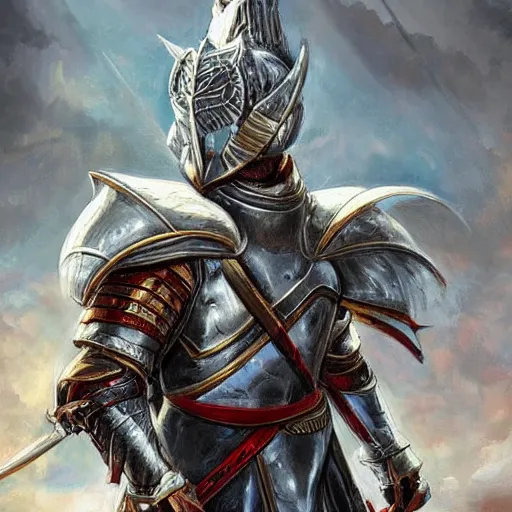 Prompt: portrait of Emmanuel Macron in fantasy armor with a large sword resting on his shoulder, realistic, detailed, cinematic light, art of D&D