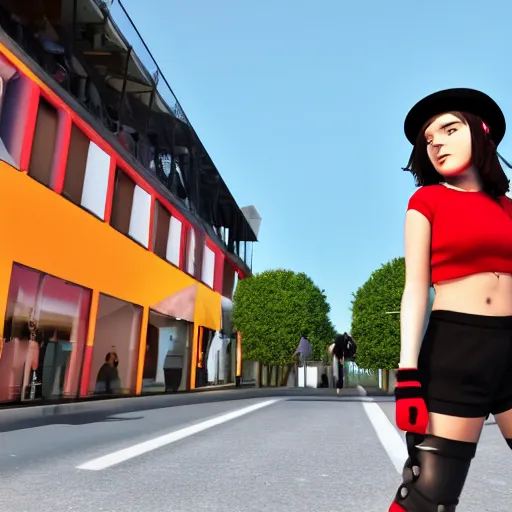 Image similar to Teenage girl, French girl, black beret, black beret with a red star, black shirt with red star, black leather shorts, rollerblading, rollerskates, city on a hillside, colorful buildings, cel shaded, 3D model, Unreal Engine