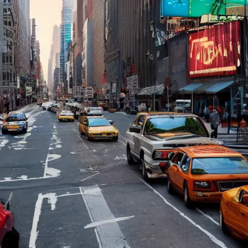 Image similar to color still of new york city and the street is filled with dinosaurs