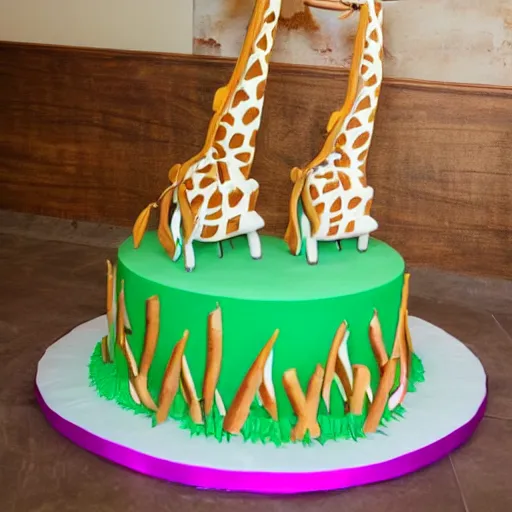 Prompt: an advertisement photo of a huge cake in the shape of an giraffe