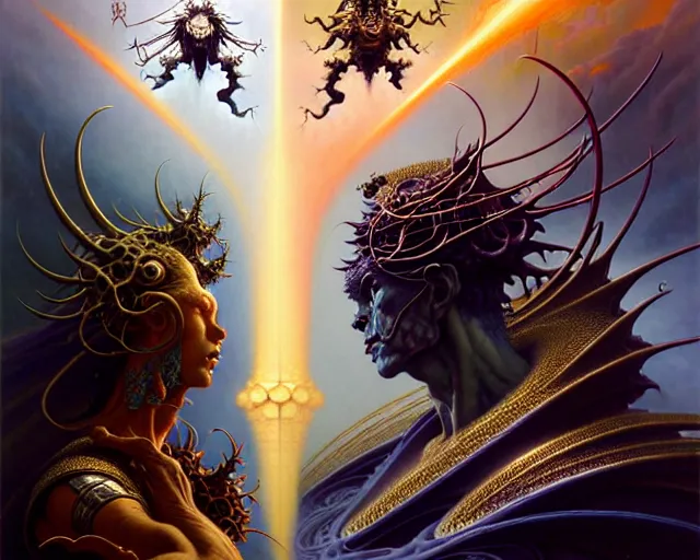 Image similar to the armies of heaven and hell, fantasy character portrait made of fractals facing each other, ultra realistic, wide angle, intricate details, the fifth element artifacts, highly detailed by peter mohrbacher, hajime sorayama, wayne barlowe, boris vallejo, aaron horkey, gaston bussiere, craig mullins