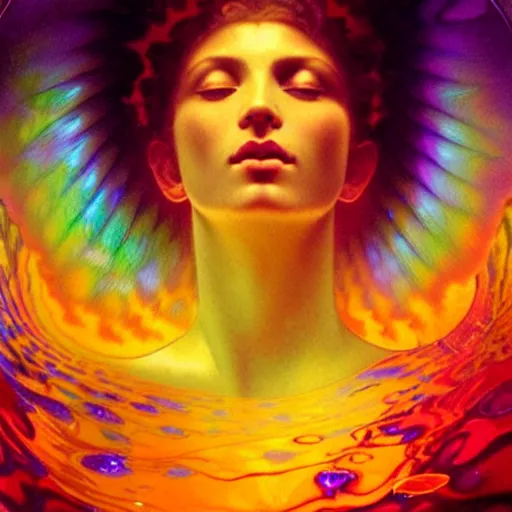 Image similar to transcendent mind bending indigo waves of glossy psychedelic liquid honey flowing like kaleidoscopic translucent amber, lsd waves, honey ripples, enlightenment, dramatic professional lighting, refracted sunset lighting, highly detailed, bodhisattva concept art, art by collier, albert aublet, krenz cushart, artem demura, alphonse mucha